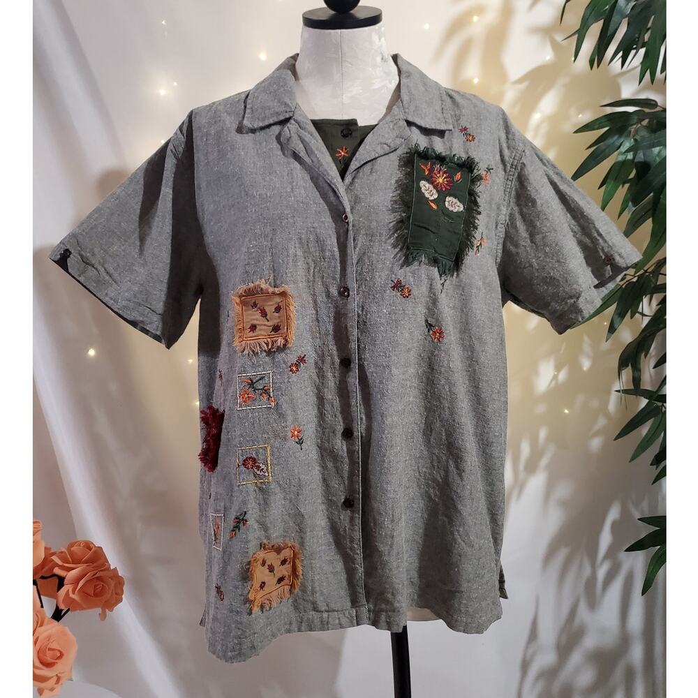 Vtg Bobbie Brooks Layered Embroidered Patch Button Top Size XL Cottage Hippie - Picture 2 of 13